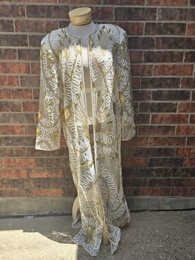 80s Tan Chho By Krishma Overseas Sheer Embroidered Sequin Floor Length Duster,